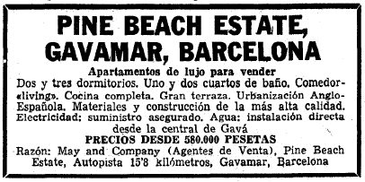 Anuncio de Pine Beach de Gav� Mar publicado en el diario La Vanguardia el 29 de Novembre de 1964 donde se asegura el suministro de agua y de electricidad